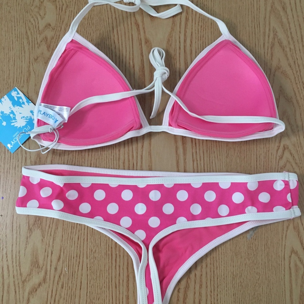 New 2pc Sexy Vintage Playboy Polka Dot Thong Swimsuit Bikini Size Large & XL - Picture 3 of 14